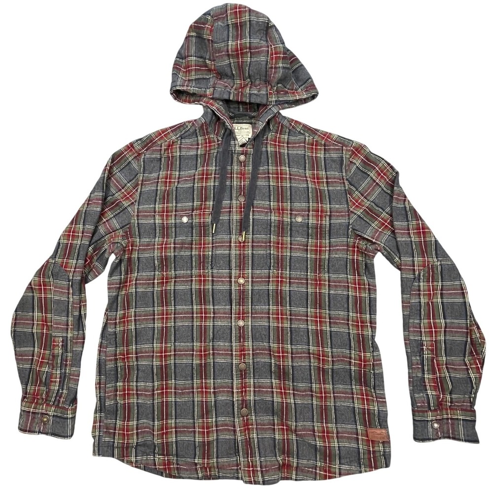 LL Bean Grey Plaid Slightly Fitted Hooded Flannel Shirt Mens M-Reg